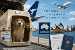 オーストラリア行きの飛行機とシドニー・オペラハウスを背景に、輸送用クレートに入った犬のイメージ。日本からオーストラリアへの安心・安全なペット輸送を表現したビジュアル